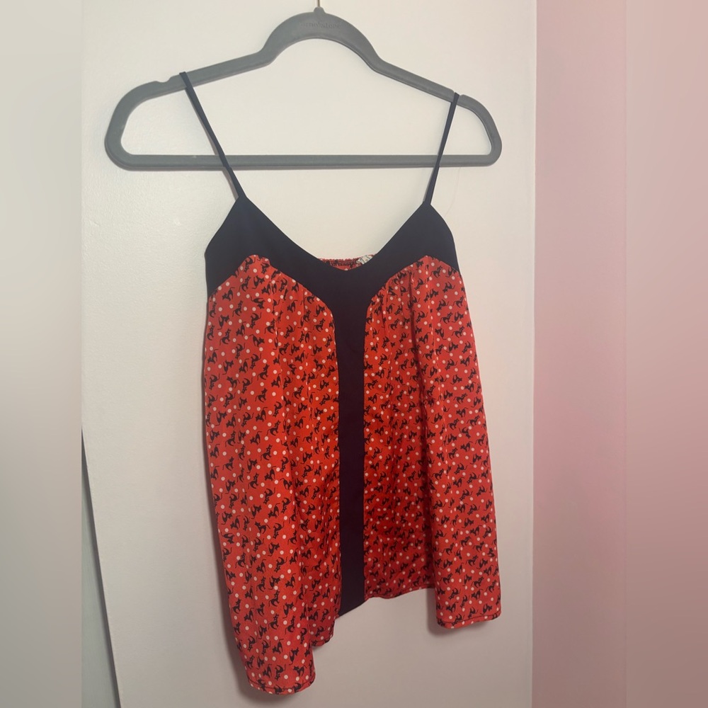 Vintage Audrey Stylish Cat + Polka Dot Print Red and Black Women's Top